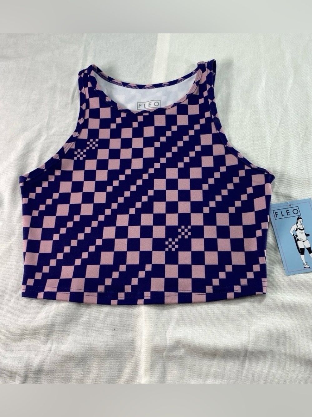 Fleo Crop Tank Women's Small Pink Blue Checkerboard Pattern NEW Weightlifting